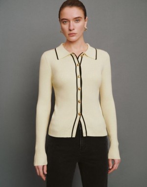 Beige Urban Revivo Contrast Trim Knitted Women's Cardigan | 90247VTQX