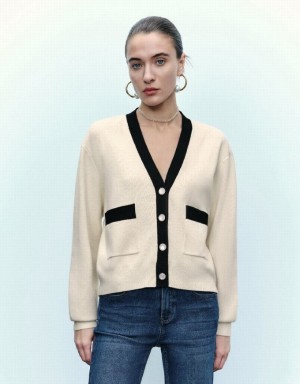 Beige Urban Revivo V-Neck Knitted Women's Cardigan | 10485UDPS