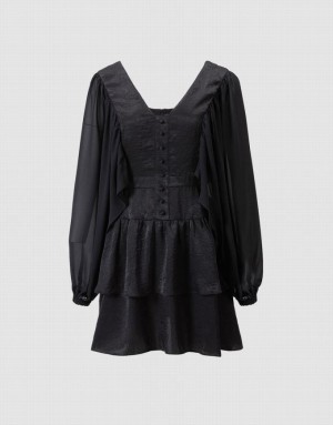 Black Urban Revivo Batwing Button Front Tiered Ruffle Hem Women's Casual Dress | 76350LZSN