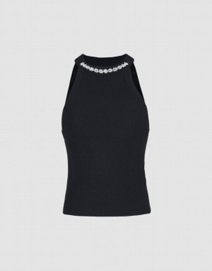 Black Urban Revivo Beaded Detail Ribbed Knit Women's Tank Top | 20847RFPI