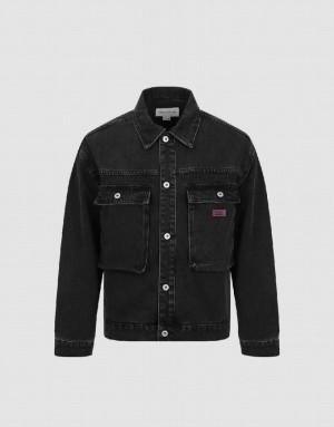 Black Urban Revivo Button Up Men's Denim Jackets | 63740CUMH