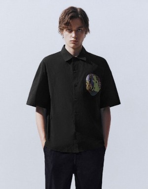 Black Urban Revivo Button Up Oversized Men's Shirts | 13457PGZX