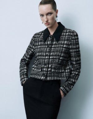 Black Urban Revivo Button Up Tweed Women's Jacket | 81956IKGB