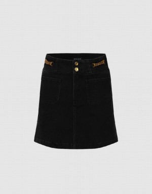 Black Urban Revivo Chian Decor Mini A-Line Women's Denim Skirt | 91245BHRX