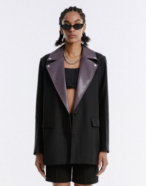 Black Urban Revivo Contrast Color Women's Blazers | 78240JKRP