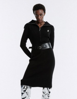 Black Urban Revivo Contrast Stitch Women's Knitted Dress | 52847NSKD