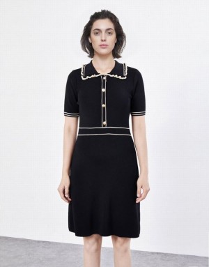 Black Urban Revivo Contrast Trim Half Button Women's Knitted Dress | 48369MOFJ