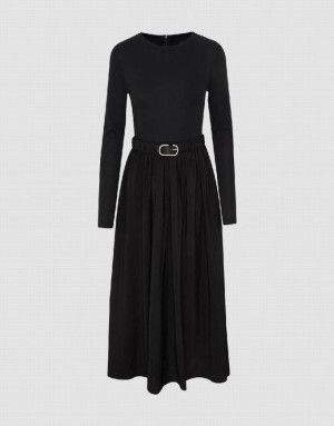 Black Urban Revivo Crew Neck A-Line With Belt Women's Dress | 21483UPJB