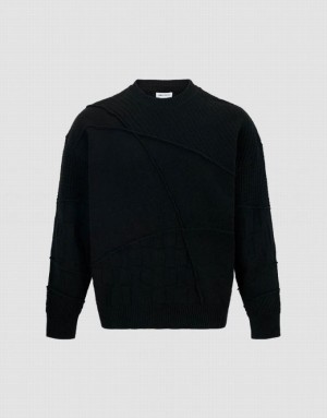 Black Urban Revivo Crew Neck Knitted Men's Cardigan | 32158TVNP