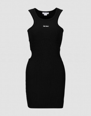 Black Urban Revivo Crew Neck Knitted Skater Women's Short Dress | 80167FOQK