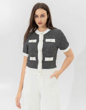 Black Urban Revivo Crew Neck Knitted Women's Cardigan | 80427FEST