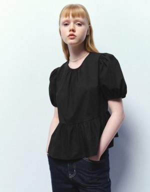 Black Urban Revivo Crew Neck Overhead Women's Blouse | 61275HYDX