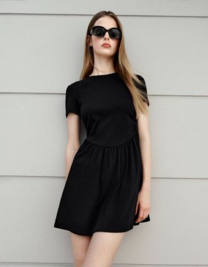 Black Urban Revivo Crew Neck Skater Women's Short Dress | 62305ZXBY