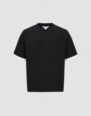 Black Urban Revivo Crew Neck Straight Men's T-Shirts | 91460LFZO