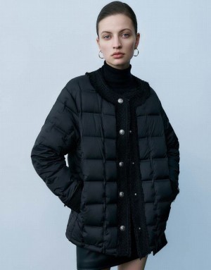 Black Urban Revivo Crew Neck Women's Down Jackets | 59713PYCG