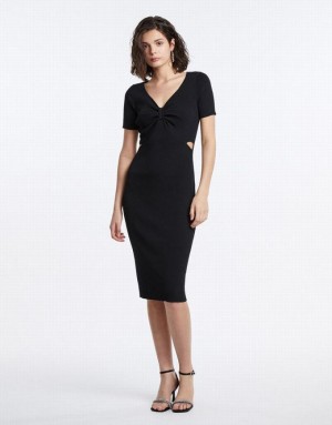 Black Urban Revivo Cut Out Knot Front Midi Women's Knitted Dress | 79536PJAN