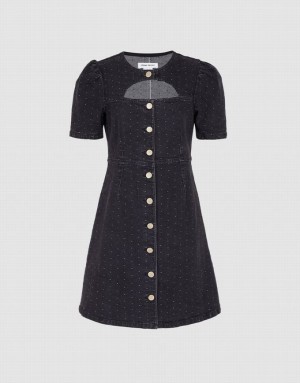 Black Urban Revivo Cut Out Polka Dot Button Front Women's Denim Dress | 50839ZEHA