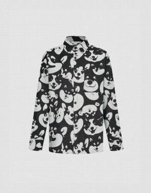 Black Urban Revivo Dog Printed Oversized Men's Shirts | 67584KOXA