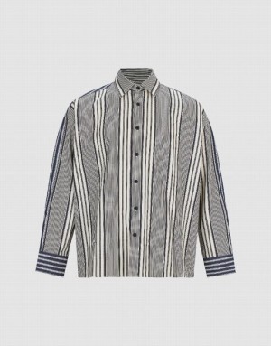 Black Urban Revivo Dolman Sleeve Striped Loose Men's Shirts | 10247QOMI