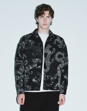 Black Urban Revivo Dragon Printed Straight Men's Jacket | 53192ZDKV