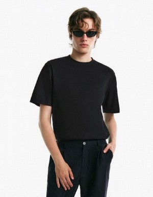 Black Urban Revivo Drop Shoulder Sleeve Crew Neck Men's T-Shirts | 47915ZLJI