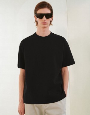 Black Urban Revivo Drop Shoulder Sleeve Crew Neck Men's T-Shirts | 39527FJOS