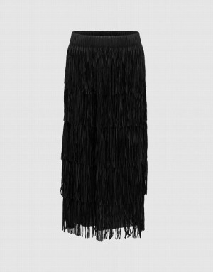 Black Urban Revivo Elastic Waist Midi Straight Women's Skirts | 03597AWTX