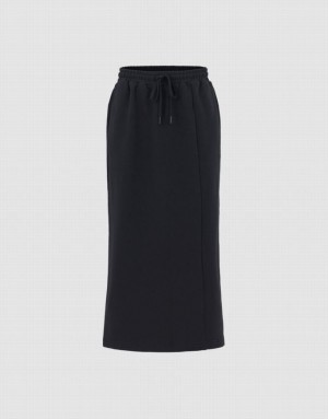 Black Urban Revivo Elastic Waist Midi Women's Skirts | 41563SBTQ