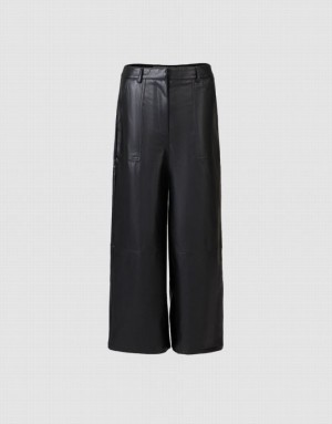 Black Urban Revivo Faux Leather Wide Leg Women's Pants | 92845NMSP