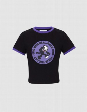 Black Urban Revivo Felix The Cat Women's T-Shirts | 39425TCAV