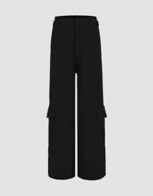 Black Urban Revivo Flap Pocket Wide Leg Women's Pants | 54178OIGY