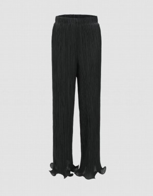 Black Urban Revivo Frill Trim Loose Straight Women's Pants | 93758BYNA