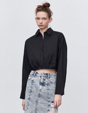 Black Urban Revivo Gathered Waist Cropped Cotton Women's Shirts | 82019CERY