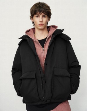 Black Urban Revivo Hooded Stand Collar Men's Down Jackets | 71852HYKN