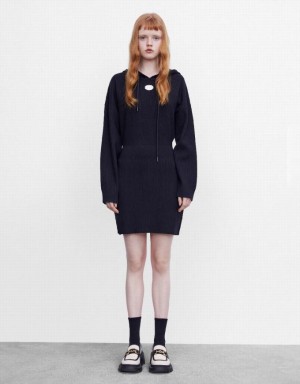 Black Urban Revivo Hooded Women's Knitted Dress | 57689EWPQ