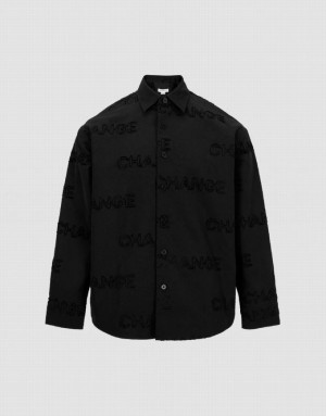 Black Urban Revivo Letter Printed Button Up Oversized Men's Shirts | 68139OLNY