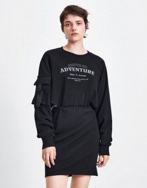 Black Urban Revivo Letter Printed Crew Neck A-Line Women's Dress | 67314XCQM