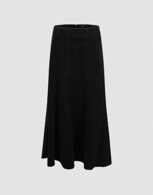 Black Urban Revivo Midi A-Line Women's Denim Skirt | 63795CQSN