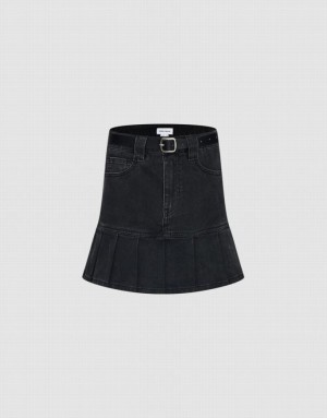 Black Urban Revivo Mini A-Line With Belt Women's Denim Skirt | 21895YSFJ