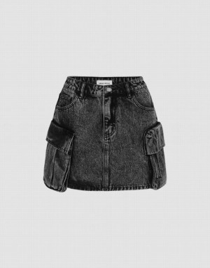 Black Urban Revivo Multi-Pocket Mini Straight Women's Denim Skirt | 71582JGOP