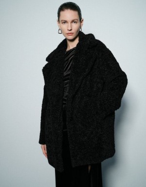 Black Urban Revivo Notch Lapel Longline Furry Women's Coats | 84970JYER