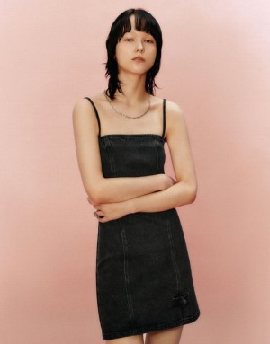 Black Urban Revivo Off-Shoulder Cami Women's Denim Dress | 25897KYJP