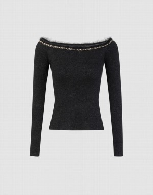 Black Urban Revivo Off-Shoulder Knit Women's Cardigan | 20746BDME