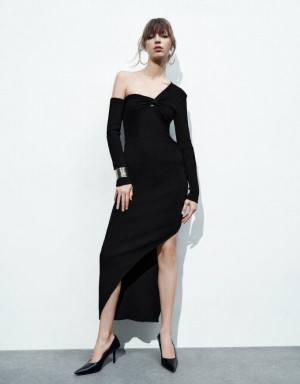 Black Urban Revivo One Shoulder Skinny Women's Knitted Dress | 69371YFRK