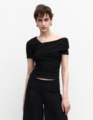 Black Urban Revivo One Shoulder Skinny Women's T-Shirts | 32197PVMN