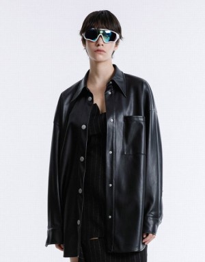 Black Urban Revivo Patch Pocket Faux Leather Women's Shirts | 38197SKBD