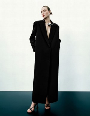 Black Urban Revivo Peaked Lapel Long Women's Coats | 09851JGTD