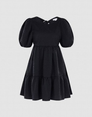 Black Urban Revivo Plain Puff Sleeve Ruffle Hem Women's Casual Dress | 39670YASF