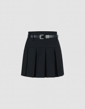 Black Urban Revivo Pleated Mini A-Line With Belt Women's Skirts | 70615KYMN