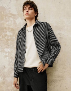 Black Urban Revivo Press Button Striped Men's Jacket | 81062CPTG